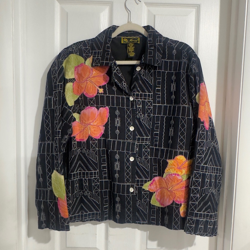 Vintage Mirasol Womens XL Cotton Linen Hibiscus Floral Embroidered Sequin Jacket